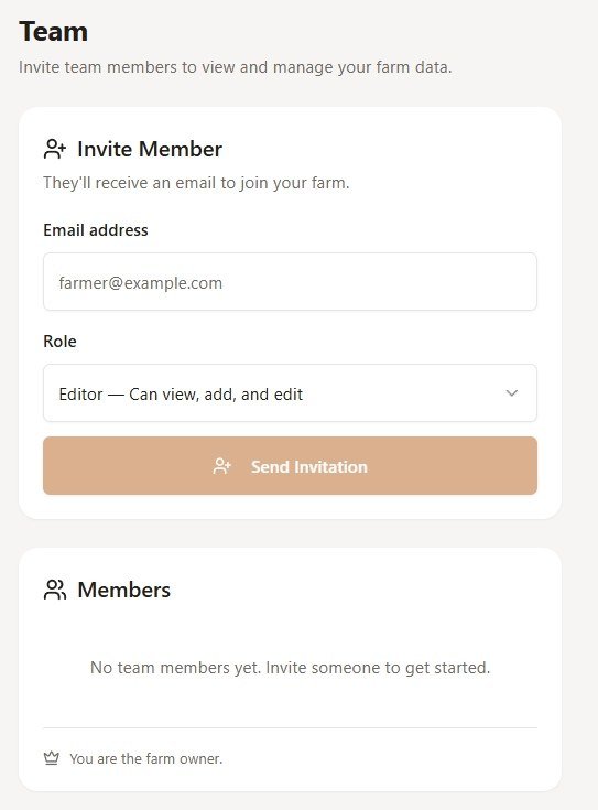 BinLedger team page showing an invite member form with email and role, and a members list